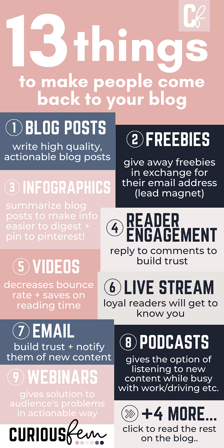 13 Things you can offer to make people come back to your blog - infographic - CuriousFem